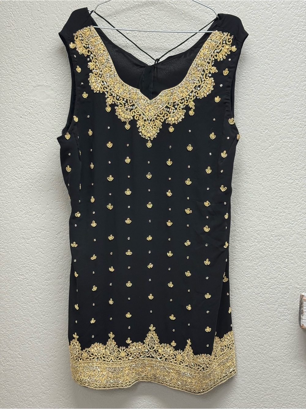 Elegant Black Sleeveless Top/Dress with Gold Embroidery/ sequins pit 23” X L 38”
